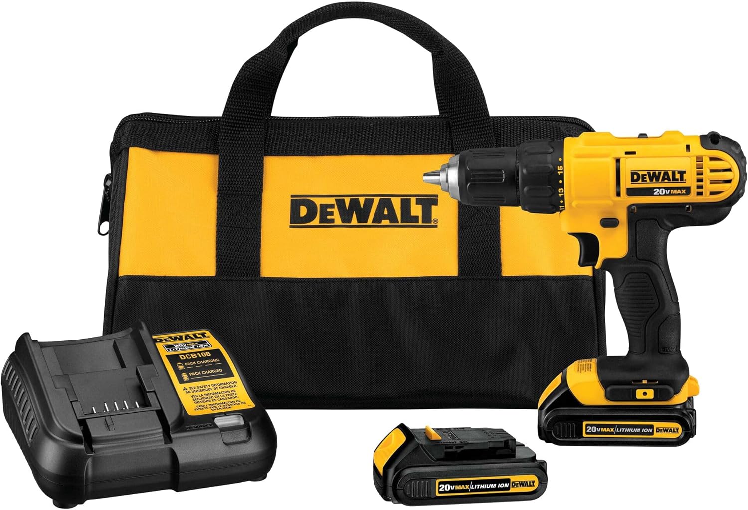 DEWALT 20V Max Cordless Drill Driver Set, 2 Speed, High Performance Motor, Includes 2 XR 1.3Ah Li-Ion Batteries, Charger and Contractor Bag