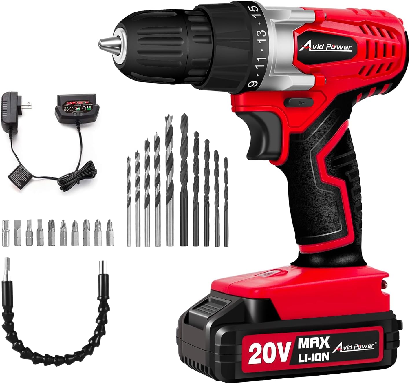 AVID POWER 20V MAX Lithium Ion Cordless Drill Set, Power Drill Kit with Battery and Charger, 3/8-Inch Keyless Chuck, Variable Speed, 16 Position and 22pcs Drill Bits